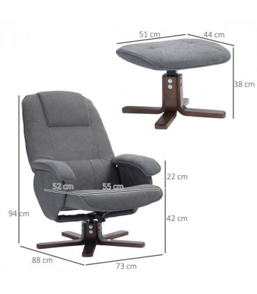 HOMCOM Swivel Recliner Chair and Footstool Linen-touch Fabric Wooden Base, Grey
