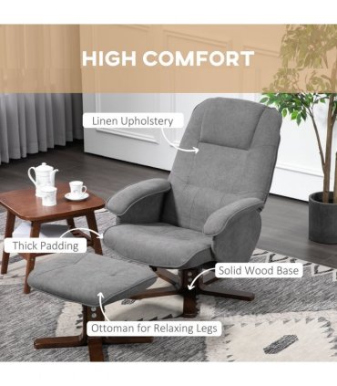 HOMCOM Swivel Recliner Chair and Footstool Linen-touch Fabric Wooden Base, Grey