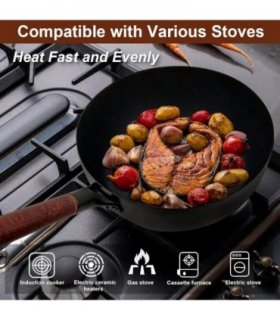 32CM Household Pure Iron Wok Non Coated Cast Iron Pan for Gas Induction Cookers