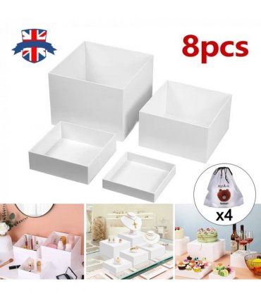 NEW 4pc+4pc Acrylic Cube Display Box Riser Nesting Riser Stands for Dessert Cake UK