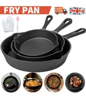3x Cast Iron Non-Stick Skillet Griddle Frying Cooking Pan Fry Cooking Seasoned