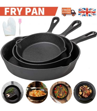 3x Cast Iron Non-Stick Skillet Griddle Frying Cooking Pan Fry Cooking Seasoned