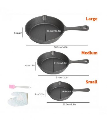 3x Cast Iron Non-Stick Skillet Griddle Frying Cooking Pan Fry Cooking Seasoned