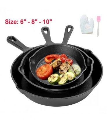 3x Cast Iron Non-Stick Skillet Griddle Frying Cooking Pan Fry Cooking Seasoned