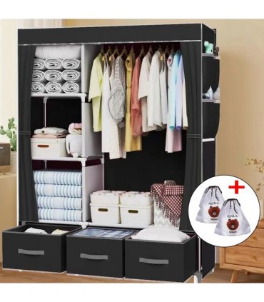Large Fabric Canvas Wardrobe with Clothes Hanging Rail Shelving Storage Closet