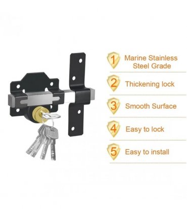 70mm Both Sides Gate Lock Garden Security Double Long Throw Bolt Rim Lock 5 Keys