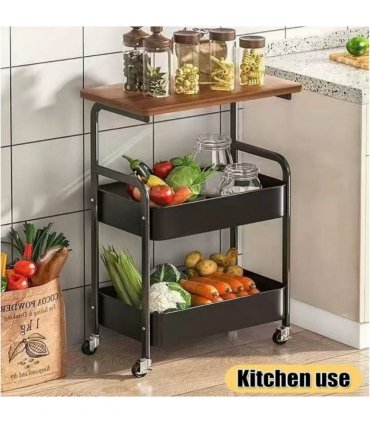 3 Tier Rolling Cart with Wooden Tabletop, 30in Lightweight Utility Cart with Lockable Wheels, Rolling Storage Organizer Cart  for Kitchen, Office, Bedroom