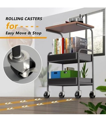 3 Tier Rolling Cart with Wooden Tabletop, 30in Lightweight Utility Cart with Lockable Wheels, Rolling Storage Organizer Cart  for Kitchen, Office, Bedroom