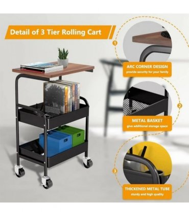 3 Tier Rolling Cart with Wooden Tabletop, 30in Lightweight Utility Cart with Lockable Wheels, Rolling Storage Organizer Cart  for Kitchen, Office, Bedroom