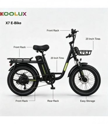 UK Warehouse In Stock, Koolux X7 Fat Tire E‑Bike, 750W Peak Motor, Kenda Tires, Hydraulic Brakes, 48V 20Ah Long Range, Black Electric Bicycle