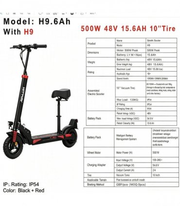 H9 Electric Scooter with Seat, 500W Peak 48V 15.6Ah, 10 Inch Vacuum Tire, Foldable Adult Commuter E‑Scooter, IP54 Waterproof, UK Warehouse In Stock