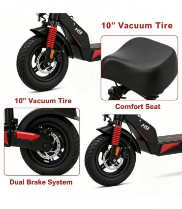 H9 Electric Scooter with Seat, 500W Peak 48V 15.6Ah, 10 Inch Vacuum Tire, Foldable Adult Commuter E‑Scooter, IP54 Waterproof, UK Warehouse In Stock