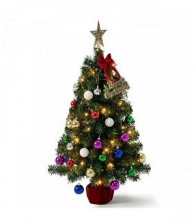 3FT Pre-Lit Artificial Christmas Tree, Green PVC Mini Xmas Tree with 50 Warm White LED Lights (8 Modes), 120 Branch Tips, Tree Topper Star, Bow & Letter Sign Decorations, Red Cloth Wrapped Base, Battery Operated