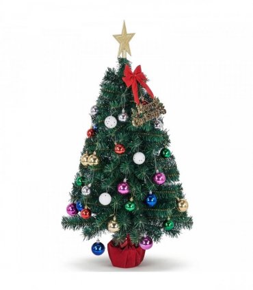 3FT Pre-Lit Artificial Christmas Tree, Green PVC Mini Xmas Tree with 50 Warm White LED Lights (8 Modes), 120 Branch Tips, Tree Topper Star, Bow & Letter Sign Decorations, Red Cloth Wrapped Base, Battery Operated