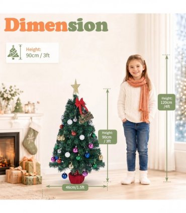 3FT Pre-Lit Artificial Christmas Tree, Green PVC Mini Xmas Tree with 50 Warm White LED Lights (8 Modes), 120 Branch Tips, Tree Topper Star, Bow & Letter Sign Decorations, Red Cloth Wrapped Base, Battery Operated