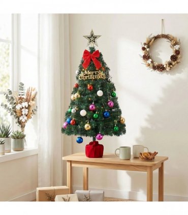 3FT Pre-Lit Artificial Christmas Tree, Green PVC Mini Xmas Tree with 50 Warm White LED Lights (8 Modes), 120 Branch Tips, Tree Topper Star, Bow & Letter Sign Decorations, Red Cloth Wrapped Base, Battery Operated
