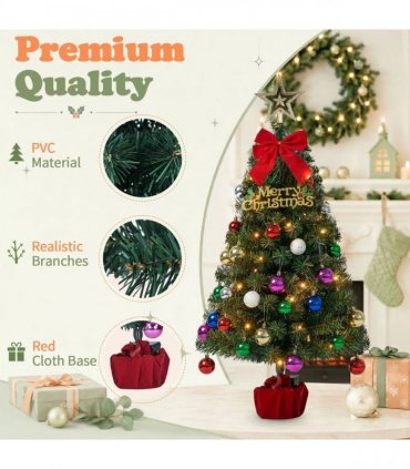 3FT Pre-Lit Artificial Christmas Tree, Green PVC Mini Xmas Tree with 50 Warm White LED Lights (8 Modes), 120 Branch Tips, Tree Topper Star, Bow & Letter Sign Decorations, Red Cloth Wrapped Base, Battery Operated