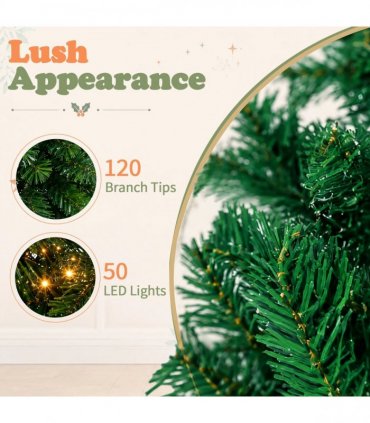 3FT Pre-Lit Artificial Christmas Tree, Green PVC Mini Xmas Tree with 50 Warm White LED Lights (8 Modes), 120 Branch Tips, Tree Topper Star, Bow & Letter Sign Decorations, Red Cloth Wrapped Base, Battery Operated