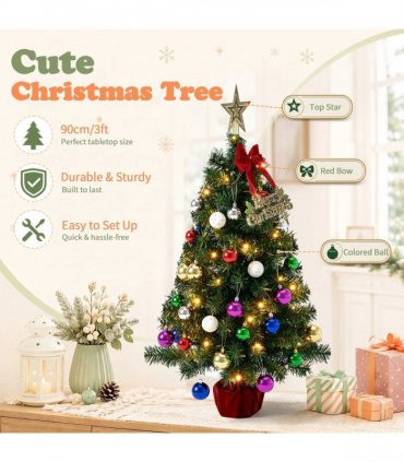 3FT Pre-Lit Artificial Christmas Tree, Green PVC Mini Xmas Tree with 50 Warm White LED Lights (8 Modes), 120 Branch Tips, Tree Topper Star, Bow & Letter Sign Decorations, Red Cloth Wrapped Base, Battery Operated