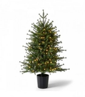 3FT Pre-Lit Artificial Christmas Tree, Green PE Mini Xmas Tree with 80 Warm White LED Lights (8 Modes), 100 Branch Tips, Black Round Pot Base, Battery Operated