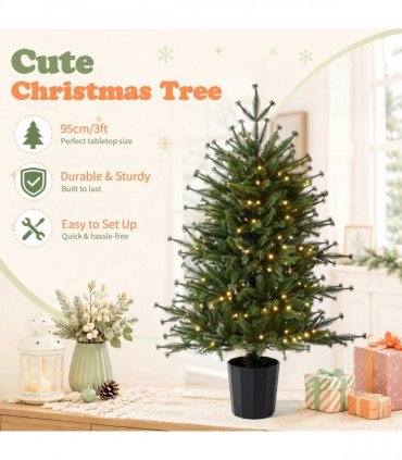 3FT Pre-Lit Artificial Christmas Tree, Green PE Mini Xmas Tree with 80 Warm White LED Lights (8 Modes), 100 Branch Tips, Black Round Pot Base, Battery Operated