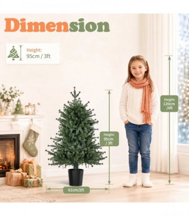 3FT Pre-Lit Artificial Christmas Tree, Green PE Mini Xmas Tree with 80 Warm White LED Lights (8 Modes), 100 Branch Tips, Black Round Pot Base, Battery Operated