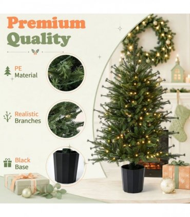 3FT Pre-Lit Artificial Christmas Tree, Green PE Mini Xmas Tree with 80 Warm White LED Lights (8 Modes), 100 Branch Tips, Black Round Pot Base, Battery Operated