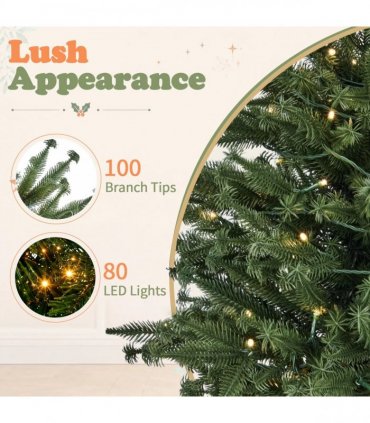 3FT Pre-Lit Artificial Christmas Tree, Green PE Mini Xmas Tree with 80 Warm White LED Lights (8 Modes), 100 Branch Tips, Black Round Pot Base, Battery Operated