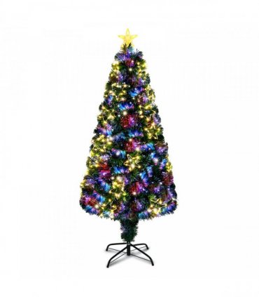 4 FT Pre-lit Fiber Optic Christmas Tree, Artificial Xmas Tree with Lighted Star Topper and Star Ornaments, Multicolor LEDs, Holiday Xmas Decoration Tree for Home Office Store Party, Green