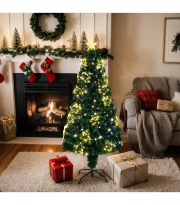 4 FT Pre-lit Fiber Optic Christmas Tree, Artificial Xmas Tree with Lighted Star Topper and Star Ornaments, Multicolor LEDs, Holiday Xmas Decoration Tree for Home Office Store Party, Green