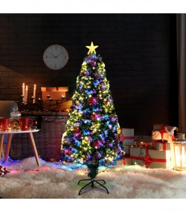 4 FT Pre-lit Fiber Optic Christmas Tree, Artificial Xmas Tree with Lighted Star Topper and Star Ornaments, Multicolor LEDs, Holiday Xmas Decoration Tree for Home Office Store Party, Green