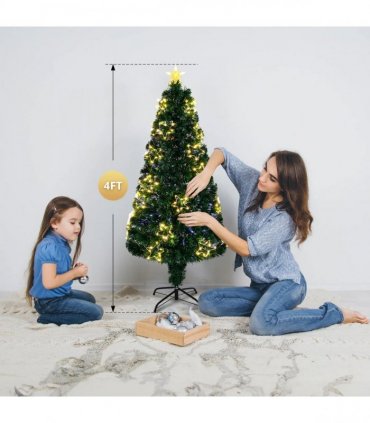 4 FT Pre-lit Fiber Optic Christmas Tree, Artificial Xmas Tree with Lighted Star Topper and Star Ornaments, Multicolor LEDs, Holiday Xmas Decoration Tree for Home Office Store Party, Green