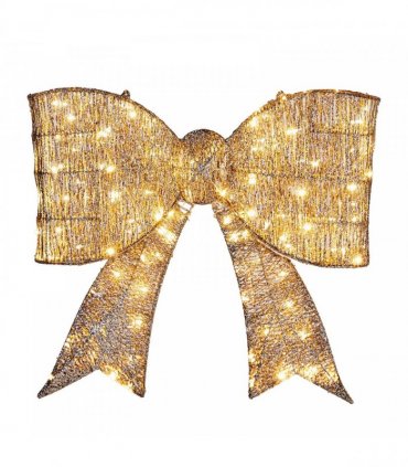Pre-lit Outdoor Giant Bowknot Christmas Decoration, Lighted Metal Frame with 124 Warm White LED Lights, for Front Door Gate Wall Indoor Outdoor Holiday Party, Golden