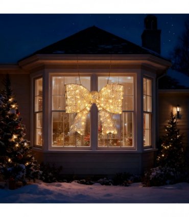 Pre-lit Outdoor Giant Bowknot Christmas Decoration, Lighted Metal Frame with 124 Warm White LED Lights, for Front Door Gate Wall Indoor Outdoor Holiday Party, Golden