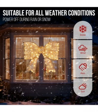 Pre-lit Outdoor Giant Bowknot Christmas Decoration, Lighted Metal Frame with 124 Warm White LED Lights, for Front Door Gate Wall Indoor Outdoor Holiday Party, Golden