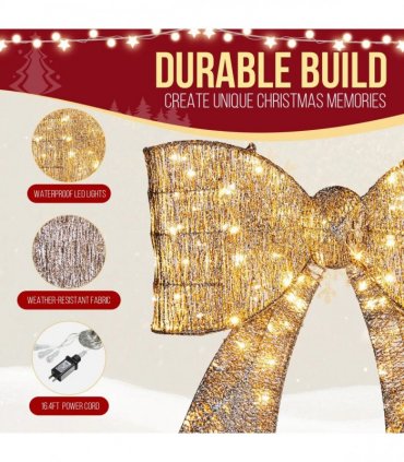 Pre-lit Outdoor Giant Bowknot Christmas Decoration, Lighted Metal Frame with 124 Warm White LED Lights, for Front Door Gate Wall Indoor Outdoor Holiday Party, Golden