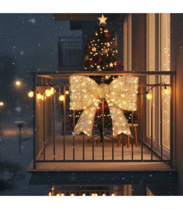 Pre-lit Outdoor Giant Bowknot Christmas Decoration, Lighted Metal Frame with 124 Warm White LED Lights, for Front Door Gate Wall Indoor Outdoor Holiday Party, Golden