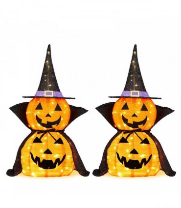 2Packs 3FT Halloween Collapsible Lighted Pumpkin Decoration, 176 LED Pop-Up Pumpkin Lamp with Cape, Plug in Halloween Jack-O-Lantern with Metal Stand for Indoor Outdoor Garden Patio Party Decor