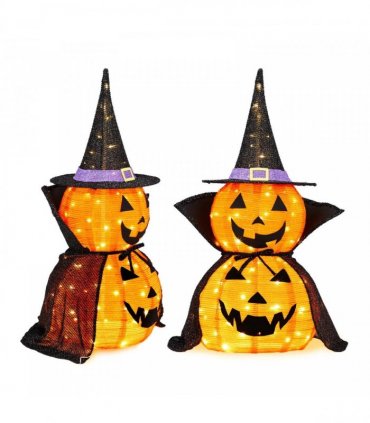 2Packs 3FT Halloween Collapsible Lighted Pumpkin Decoration, 176 LED Pop-Up Pumpkin Lamp with Cape, Plug in Halloween Jack-O-Lantern with Metal Stand for Indoor Outdoor Garden Patio Party Decor