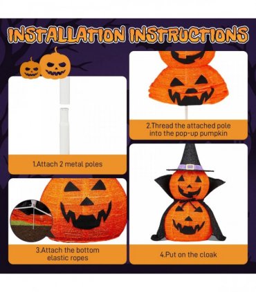 2Packs 3FT Halloween Collapsible Lighted Pumpkin Decoration, 176 LED Pop-Up Pumpkin Lamp with Cape, Plug in Halloween Jack-O-Lantern with Metal Stand for Indoor Outdoor Garden Patio Party Decor