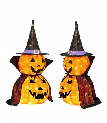 2Packs 3FT Halloween Collapsible Lighted Pumpkin Decoration, 176 LED Pop-Up Pumpkin Lamp with Cape, Plug in Halloween Jack-O-Lantern with Metal Stand for Indoor Outdoor Garden Patio Party Decor