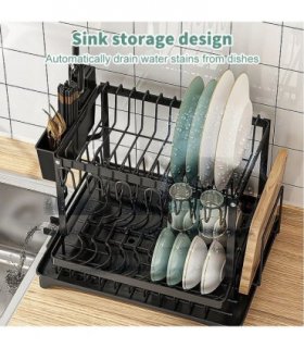 2 TIER KITCHEN SINK DISH DRAINER RACK WITH DRIP TRAY CUTLERY HOLDER PLATE RACK