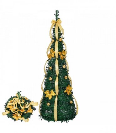 6 FT Fully Decorated Pre-lit Christmas Tree, Pop Up Artificial Xmas Tree with 80 Warm Lights Battery Operated and Golden & Silver Ornaments for Home Office Store Holiday Deco
