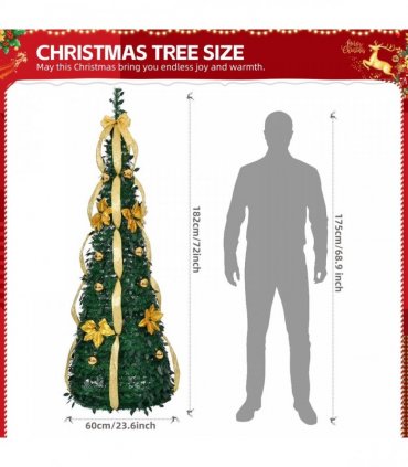 6 FT Fully Decorated Pre-lit Christmas Tree, Pop Up Artificial Xmas Tree with 80 Warm Lights Battery Operated and Golden & Silver Ornaments for Home Office Store Holiday Deco