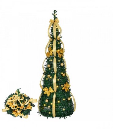 6 FT Fully Decorated Pre-lit Christmas Tree, Pop Up Artificial Xmas Tree with 80 Warm Lights Battery Operated and Golden & Silver Ornaments for Home Office Store Holiday Deco