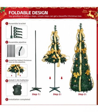 6 FT Fully Decorated Pre-lit Christmas Tree, Pop Up Artificial Xmas Tree with 80 Warm Lights Battery Operated and Golden & Silver Ornaments for Home Office Store Holiday Deco