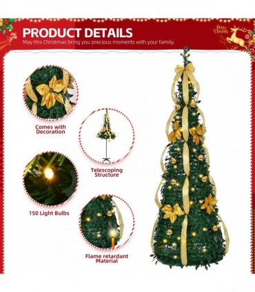6 FT Fully Decorated Pre-lit Christmas Tree, Pop Up Artificial Xmas Tree with 80 Warm Lights Battery Operated and Golden & Silver Ornaments for Home Office Store Holiday Deco