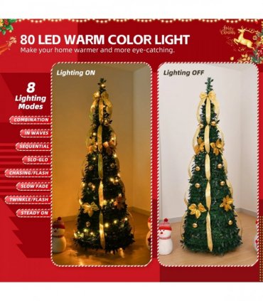6 FT Fully Decorated Pre-lit Christmas Tree, Pop Up Artificial Xmas Tree with 80 Warm Lights Battery Operated and Golden & Silver Ornaments for Home Office Store Holiday Deco