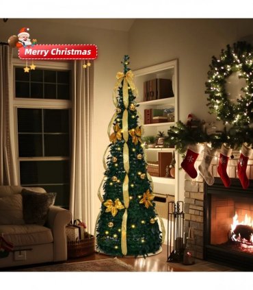 6 FT Fully Decorated Pre-lit Christmas Tree, Pop Up Artificial Xmas Tree with 80 Warm Lights Battery Operated and Golden & Silver Ornaments for Home Office Store Holiday Deco