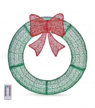 36in Pre-lit Outdoor Christmas Wreath Decoration, Lighted Metal Wreath with Red Bow, Remote Control LED Lights with Timer, for Front Door Gate Wall Indoor Outdoor Holiday Party